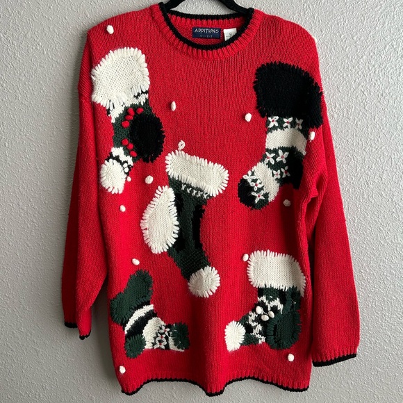Additions By Ivy Vintage‎ Silk 80’s Christmas Stockings Red Pullover Sweater - Picture 1 of 15